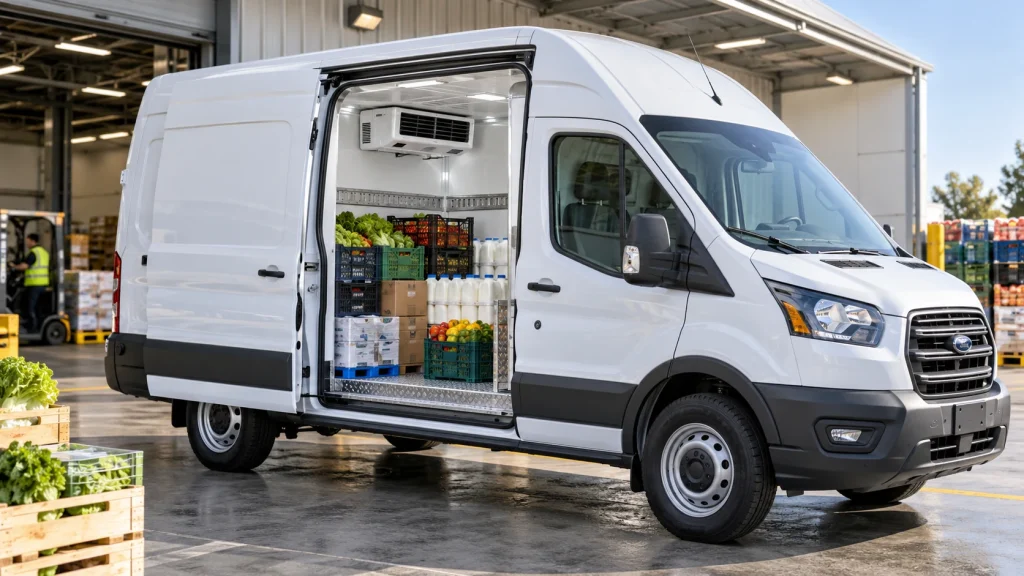 White Ford Transit refrigerated van with an insulated cargo area loaded for food distribution